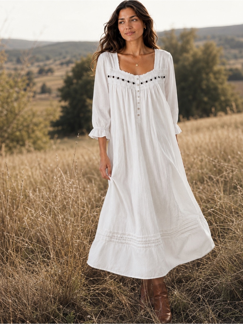 Vintage Eileen West Prairiecore white embroidered night dress cotton size XL